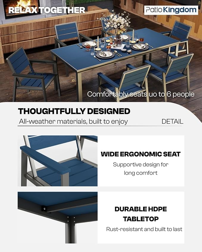 4 Person Outdoor Dining Set, Aluminum & HDPE Patio Table and Chairs with 2" Umbrella Hole, Weather-Resistant Outdoor Furniture for Backyard, Deck, Porch, Garden, Poolside (Navy)