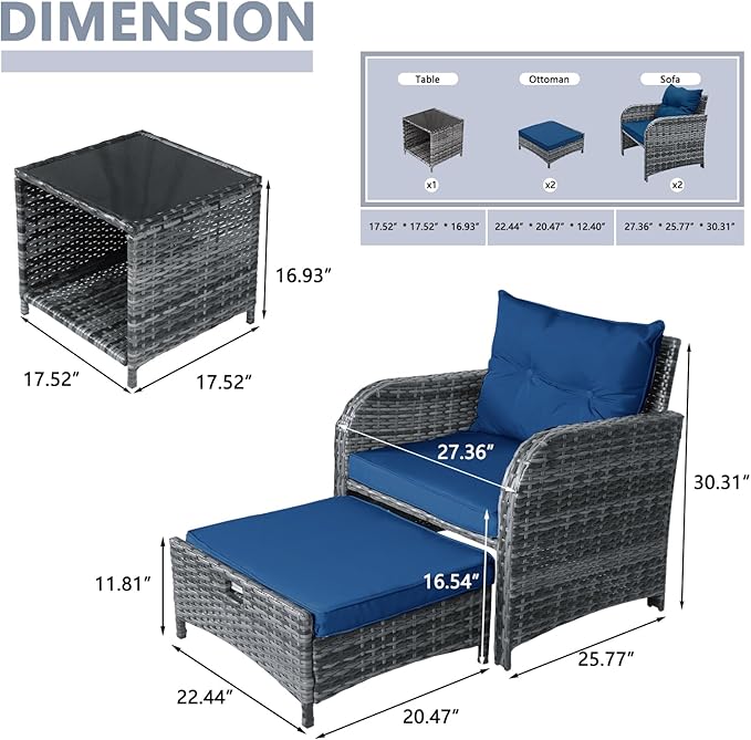 5 Pcs Outdoor Patio Chair with Ottomans, PE Wicker Rattan Patio Conversation Furniture Set, Space Saving Design Outdoor Chairs with Ottomans Set for Balcony Poolside Front Porch Deck, Blue
