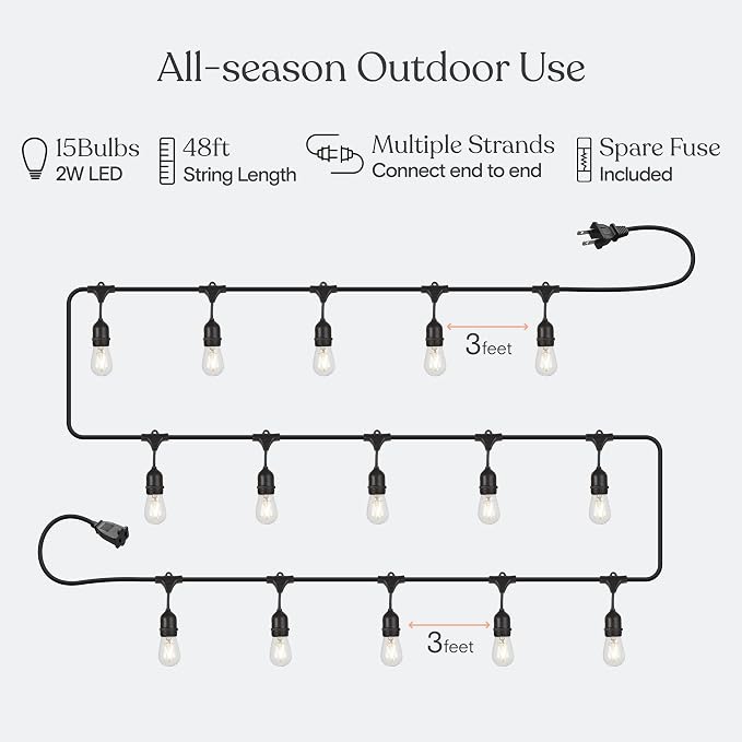 Brightech Ambience Pro - Waterproof LED Outdoor String Lights - Hanging, Dimmable 2W Vintage Edison Bulbs - 48 Ft Commercial Grade Patio Lights Create Cafe Ambience in Your Backyard