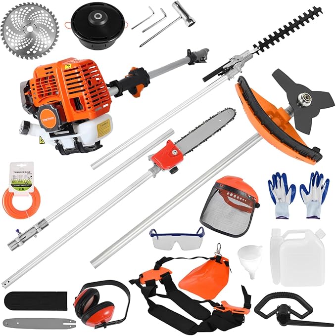 52CC 2-Stroke Gas Weed Eater, 5-in-1 Gas Powered String Trimmer, Weed Wacker, Brush Cutter, Edger, Hedge Trimmer, 10-Inch Pole Saw with Extension Pole for Lawn Garden Yard Maintenance