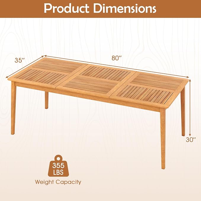 RELAX4LIFE Wooden Outdoor Dining Table for 8, 80" Rectangular Acacia Wood Slatted Patio Table w/Umbrella Hole, Indoor Outdoor Bistro Table for Backyard Porch Garden Deck, 8-Person Patio Dining Table