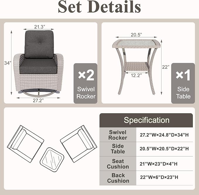 Patio Wicker Chairs Swivel Rocker, Outdoor Swivel Glider Rocker Chairs with Rattan Side Table, All Weather Conversation Set for Porch Poolside Balcony,Black