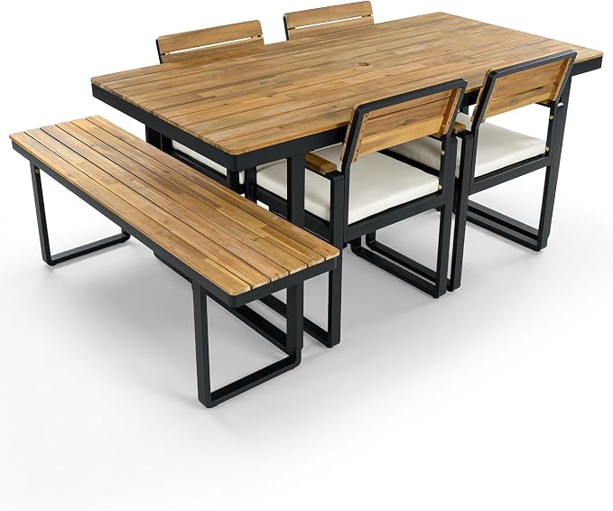 6 Piece Outdoor Dining Set, 1 Table with 4 Chairs & 1 Bench for 6-7 Person, Acacia Wood Dining Furniture Set with Removable Cushions, Adjustable Feet, Patio Backyard Dining Furniture, Beige