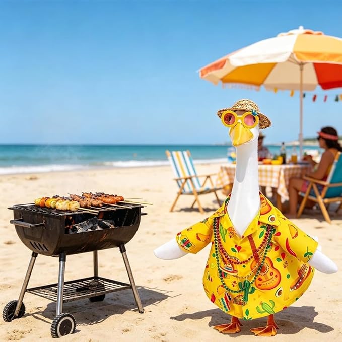 Hawaiian Porch Goose Outfits,Mexican Style Goose Summer Outfit,Yellow Shirt with Straw Hat Glasses Necklaces Fits 23" Geese Statue, Summer Garden Lawn Patio Yard Outdoor Decor