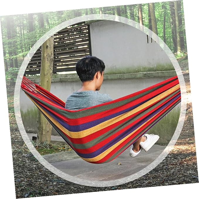 Operitacx Striped Canvas Camping Hammock Swing 190x85cm Portable Outdoor Hanging Chair for Backyard Garden Patio Use European Rainbow Color