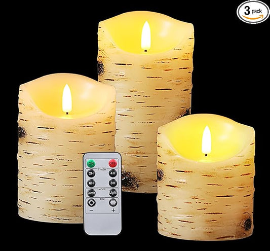 qinxiang Flameless Candles LED Candles Birch Bark Set of 3 (D 3.25" x H 4" 5" 6") Ivory Real Wax Pillar Battery Operated Candles with LED Flame 10-Key Remote Control and Cycling 24 Hours Timer