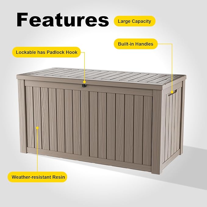Deck Box Large Outdoor Storage for Patio Furniture,Outdoor Cushions,Garden Tools and Pool Supplies,Waterproof,Resin,Lockable (Grey, 180 Gallon)