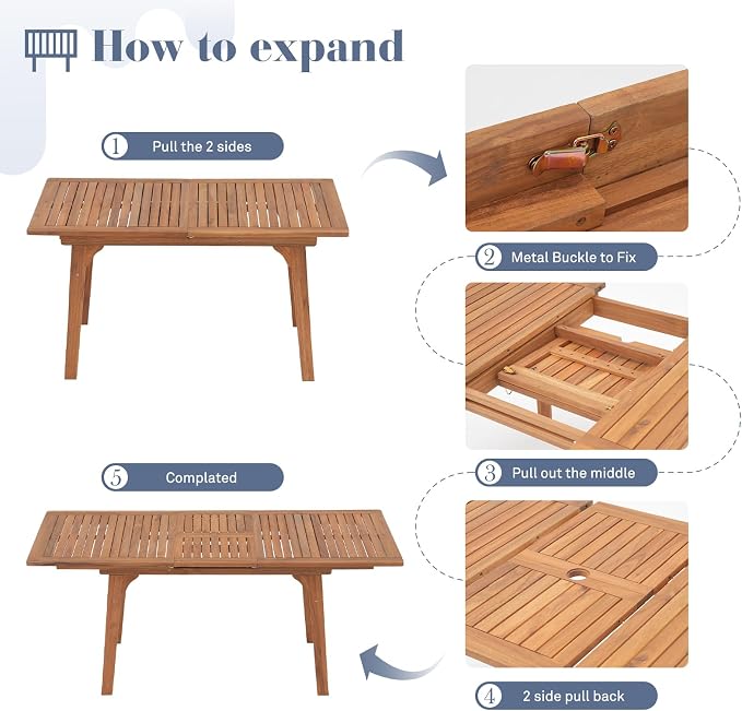 OC Orange-Casual Outdoor Acacia Wood Expandable Table for 6-8, Wooden Rectangular Table with Umbrella Hole and Slat Design, for Patio, Deck, Porch, Backyard, Natural