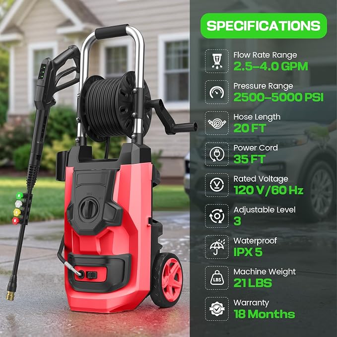 Electirc Pressure Washer 5000 PSI with 3 Levels Adjustable Pressure Gun, Portable Pull-Handle, 4 Nozzles and Foam Cannon, Heavy Duty Pressure Cleaner for Home/Car/Fence/Garden, Red