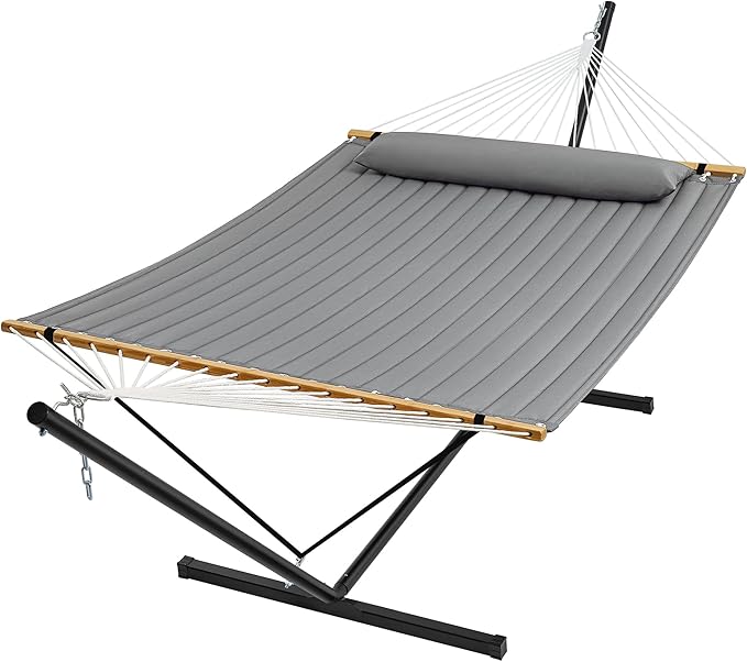 SUPERJARE Hammock with Stand, 2 Person Quilted Outdoor Hammock, Detachable Pillow & Bamboo Spreaders, Portable Hammock with Carrying Bag, Heavy Duty Stand, Perfect for Outside, Patio, Gray