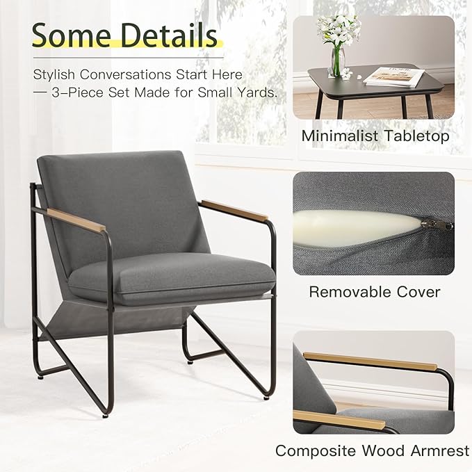 3-Piece Patio Furniture Set, Compact Outdoor Conversation Set with 2 Chairs and Glass Table, Weather-Resistant for Apartment Patio, Small Spaces, Balcony, Backyard – Grey