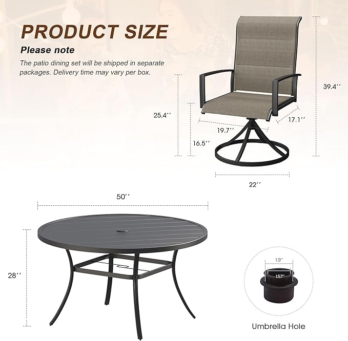 VICLLAX 7 Pieces Outdoor Dining Set, Patio Furniture Set Includes 50" Round Metal Table W/ 1.9" Umbrella Hole and 6 Padded Textilene Swivel Chairs for Porch, Lawn, Garden, Backyard