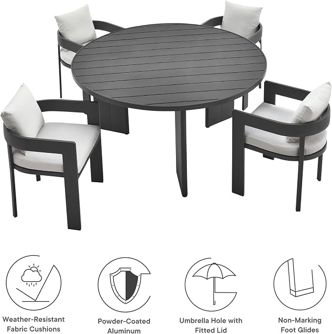 Modway Tahoe Outdoor Patio Powder-Coated Aluminum 5-Piece Dining Set in Gray White - Round Patio Furniture Set for 4 - Outside Table with Umbrella Hole and Cushioned Chairs - Modern Patio Set