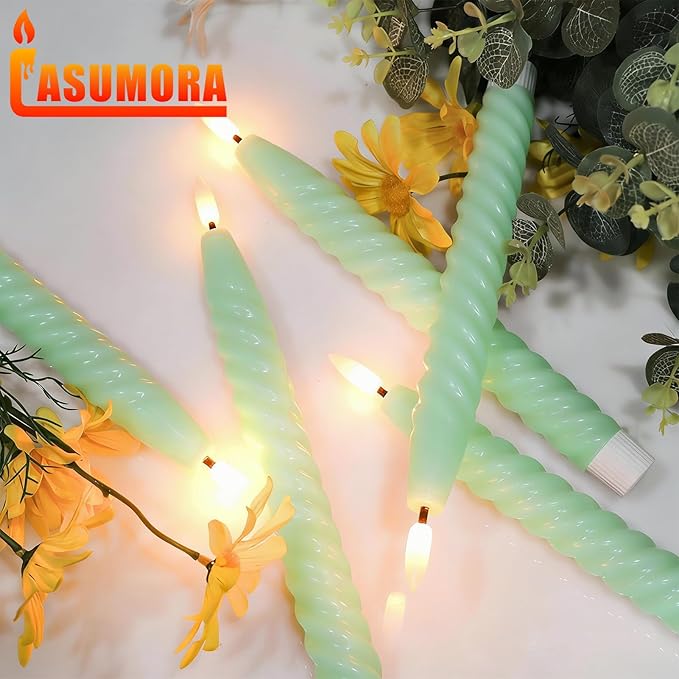 Flameless Taper Candles Real Wax Flickering with Remote Timer, Pastel Green 3D Wick LED Spiral Candles Battery Operated 6 Pack 9.8 inch, Wedding Birthday Home Party Holiday Dinner Decor