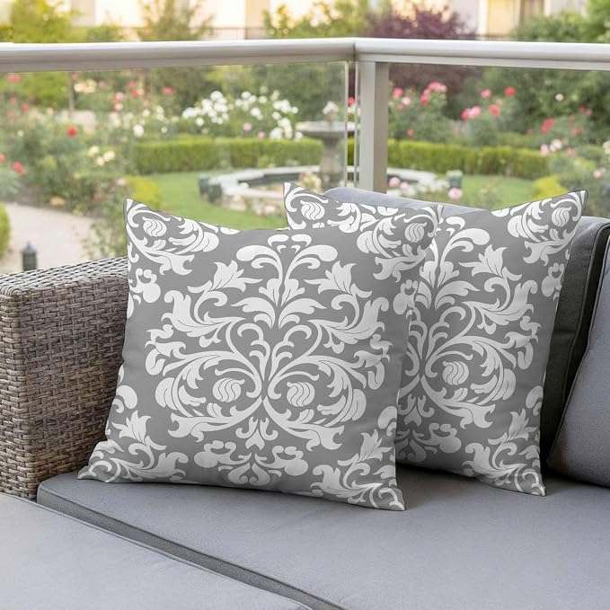 Outdoor Pillow Covers Set of 2, Damask Abstract Flower Grey Decorative Throw Pillow Covers 16X16IN, Classic Luxury Floral Throw Pillows Protector Cushion Case for Patio,Couch,Sofa,Garden