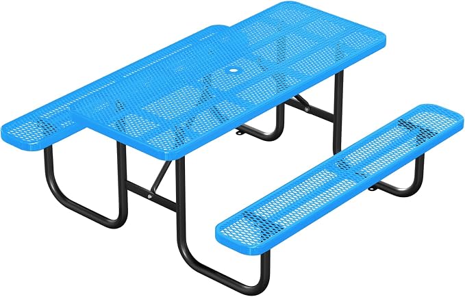 Heavy Duty Picnic Table with Umbrella Hole, Expanded Meta Outdoor Metal Patio Dining Table & Outdoor Bench Set, Steel Mesh Dining Furniture for Garden, Lawn, Patio (6FT Rectangular Table/ Blue)