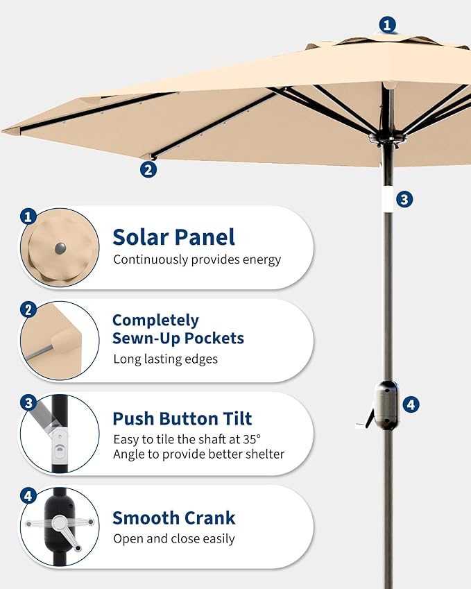 GarveeLife 9 ft Patio Umbrella with Solar Lights, Outdoor Table Umbrella with 32 LED Lights & Tilt Crank, 8 Ribs Market Table Umbrella for Pool, Deck, Backyard, Tan