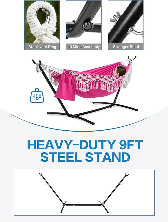 PNAEUT Handmade Tassel Hammocks, Double Hammock with Stand for Outside, Max 450 lbs Capacity, Pillow & Storage Bag Included (Pink)