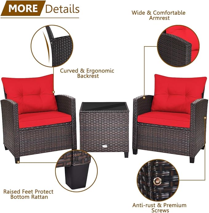 3 Pieces Wicker Patio Furniture Set, Outdoor Sofa Set with Water-Resistant Cushion & Tempered Glass Table, Outdoor Conversation Set Bistro Set for Garden, Balcony, Poolside(Red)