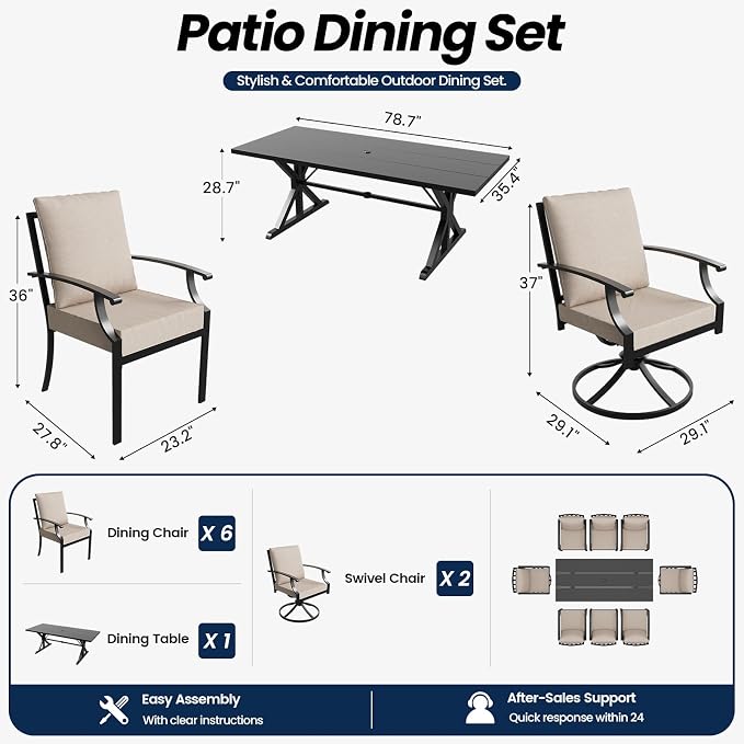 9 Piece Outdoor Dining Set for 8, Metal Patio Table and Chairs with Cushions, Patio Furniture Set with 2 Swivel Chairs, Rectangular Metal Dining Table with Umbrella Hole, Lawn Deck Yard-Sand