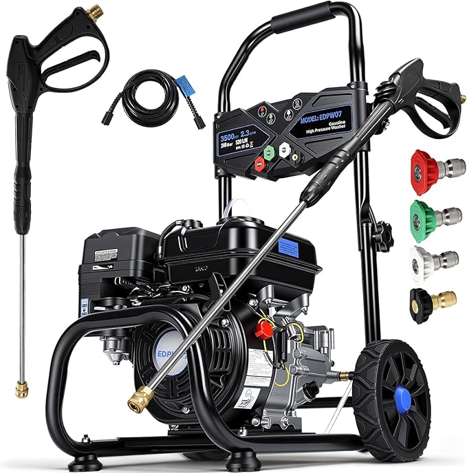 Gas Pressure Washer, 3500PSI / 209CC / 2.3GPM / 7HP 4-Stroke Portable Power Washer Gas with 4 Quick Connect Nozzles, 25FT Hose, Soap Tank, Pressure Washer Gas Powered for Car Driveway Deck Paint Prep