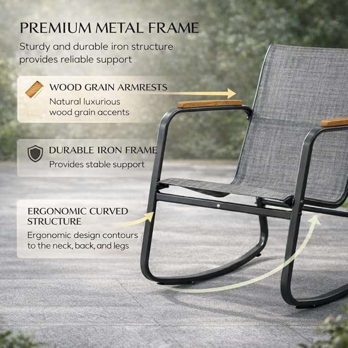 Kozyard 3 Piece Rocking Chair Set, Outdoor Rocking Textilene Bistro Set with Wooden Armrests, Outdoor Patio Furniture Set with Glass Table for Lawn, Porch, Yard, Garden, Balcony, Poolside Gray