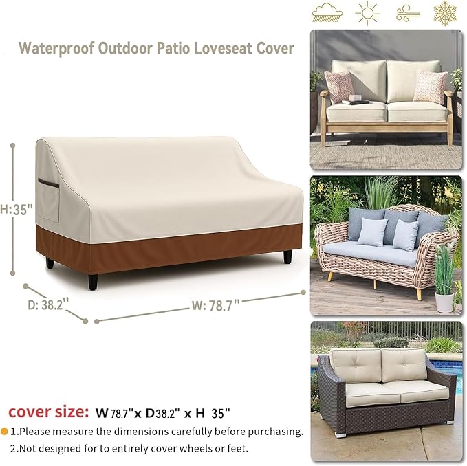 Waterproof Patio Loveseat Cover, 78.7W x 38.2D x 35H inches Heavy Duty 600D Weather-Resistant Outdoor Furniture Protector Beige and Brown