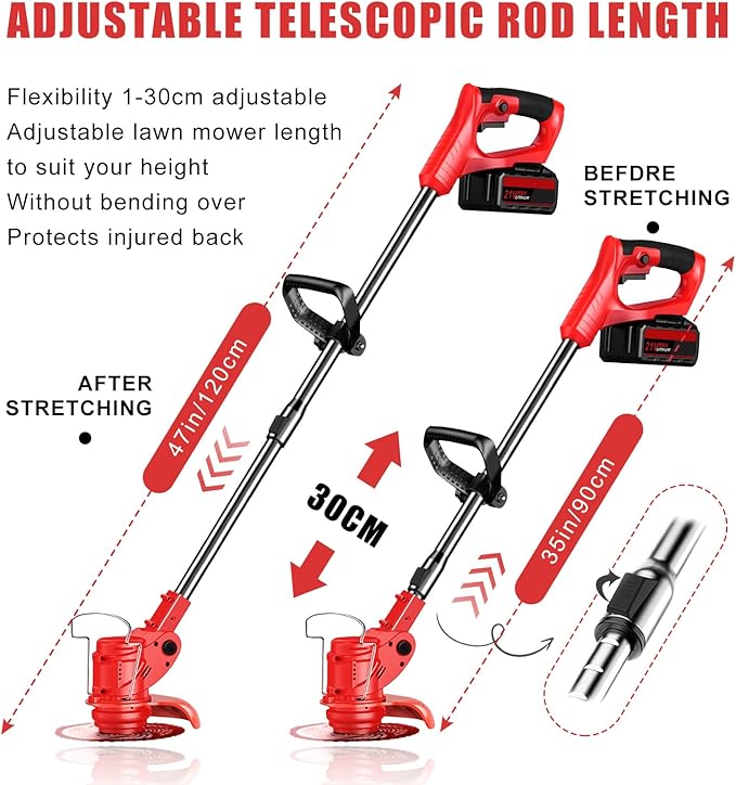 21V Electric Weed Wacker Cordless String Trimmer Battery Powered Grass Trimmer with 90° Adjustable Head 2 X 2.0Ah Battery and Charger Lightweight Brush Cutter Edger Lawn for Garden Yard,Red