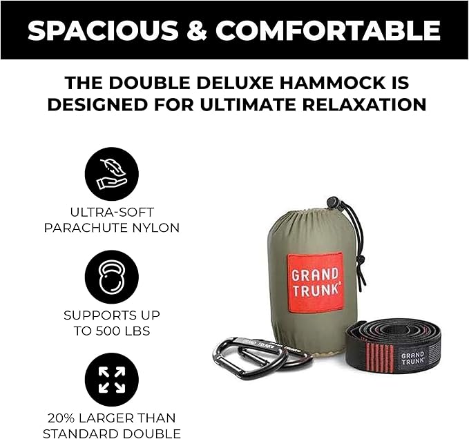 GRAND TRUNK TrunkTech Double Hammock | Ultra-Strong & Lightweight | 11 ft Hammock with Ripstop Nylon | 500 lb Capacity | Fast-Drying & Weather-Resistant | Green Mamba