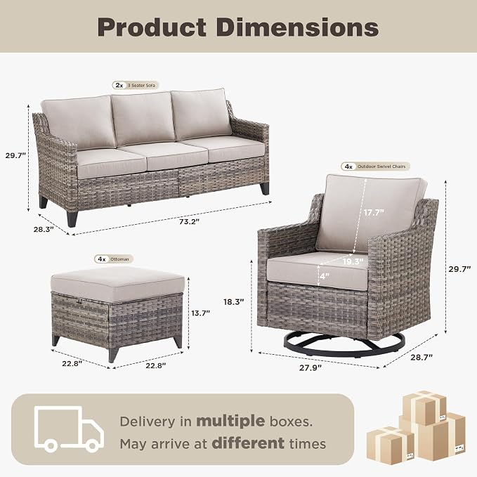 Belord Patio Wicker Swivel Rocker Patio Chairs with 3-Seater Sofa, Outdoor Rattan Chairs for Deck Porch Poolside, 10 Piece Patio Conversation Furniture Set,Beige