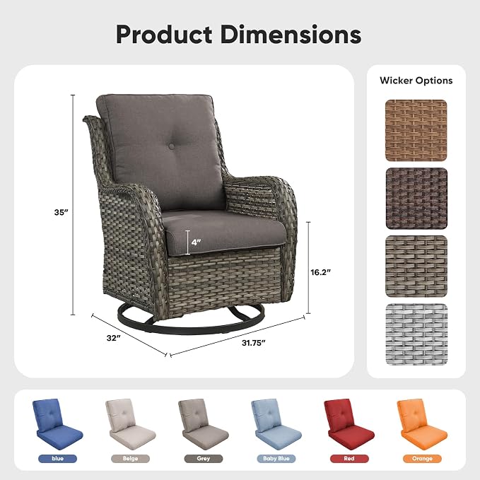 Belord 3 PCS Patio Furniture Set - Mixed Grey Wicker Swivel Rocking Chair Set with Side Table