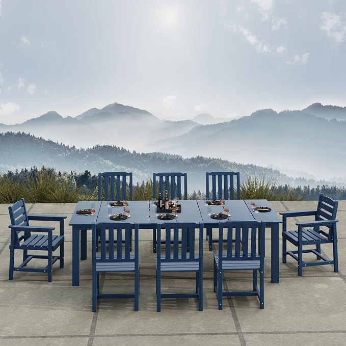 Kingdura 9 Piece Patio Dining Set for 8, HDPE Outdoor Table & Chairs with Umbrella Hole, All-Weather Outdoor Furniture Patio Conversation Set for Lawn Pool Backyard, Navy Blue