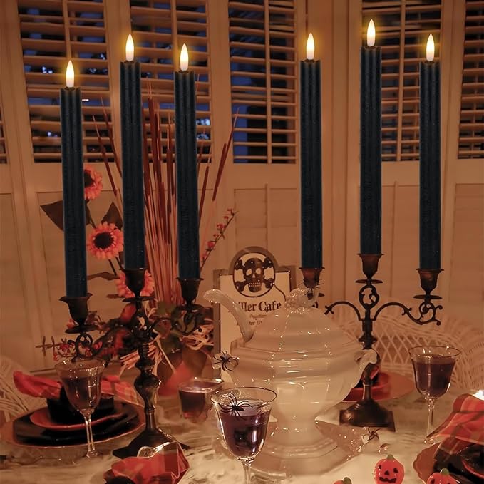 Wondise Halloween Flameless Taper Candles with Timer, Battery Operated Real Wax Black LED Candles 3D Wick Flickering Flame for Halloween Home Decoration, Set of 6（D0.78 x H9.5 Inch