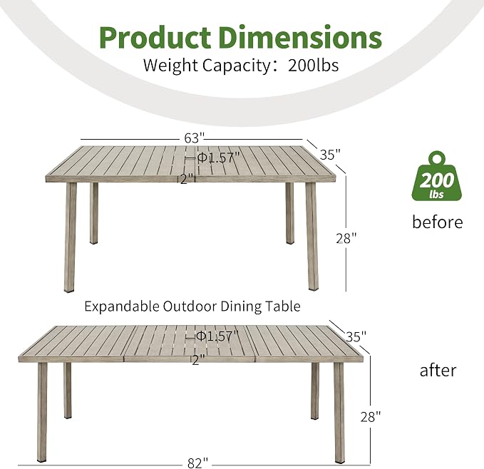 82"×35" Never-Rust Aluminum Outdoor Dining Table – Rectangular Patio Table for 8 Person with Umbrella Hole, Heavy Duty All-Weather for Poolside, Garden, Backyard, Porch, Deck, Gray Oak