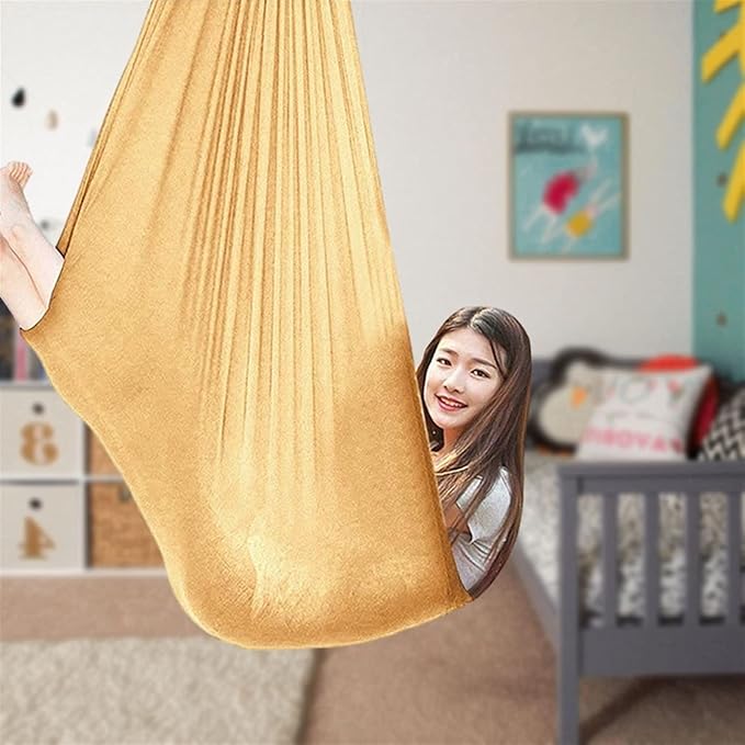 Indoor Therapy Swing Chair for Adults Autism, Cuddle Yoga Hammock Ideal for ADHD Aspergers and Sensory Integration Snuggle 440lbs Load Capacity (Color : Gold, Size : 100x280cm/39x110in)