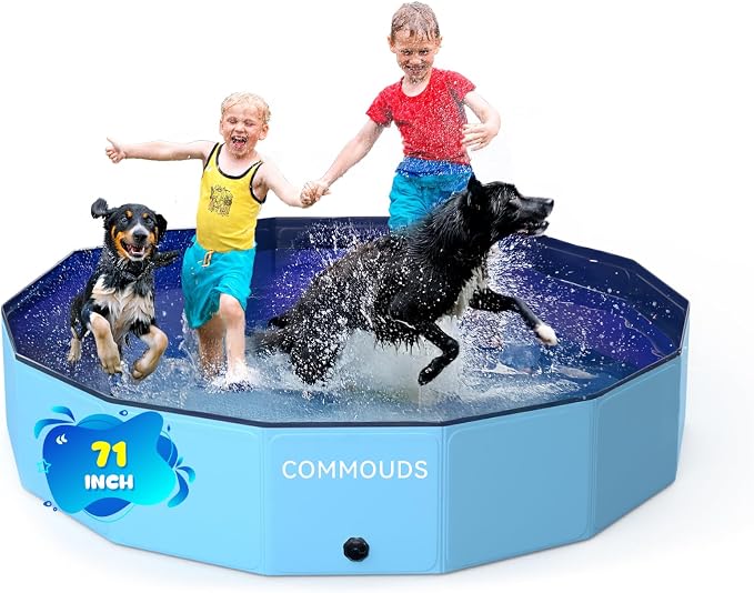 COMMOUDS Extra Large Foldable Dog Pool, Hard Plastic Dog Kiddie Swimming Pool, Collapsible Pet Bath Tub Wading Pools for Kids and Puppy Small Medium Large Dogs(71inch.D x 12inch.H)