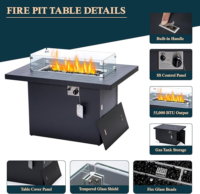LeisureMod 7-Piece Outdoor Patio Conversation Set with Aluminum Sectional & Cushions, Propane Fire Pit Table with Black Stones, Wind Glass & Lid, Black