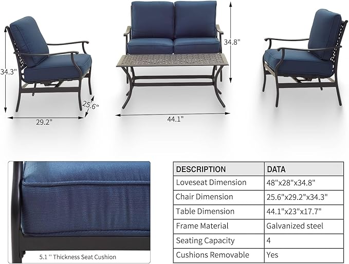 PatioFestival Patio Conversation Set 4 Pieces Cushioned Outdoor Furniture Sets with All Weather Frame for Porch Backyard Lawn (Navy-Blue)