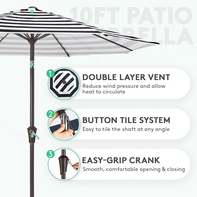 JEAREY 10FT Patio Umbrellas Outdoor Table Umbrella with Push Button Tilt and Crank, Market Umbrella 8 Sturdy Ribs UV Protection Waterproof for Pool, Garden (Black & White Stripe)