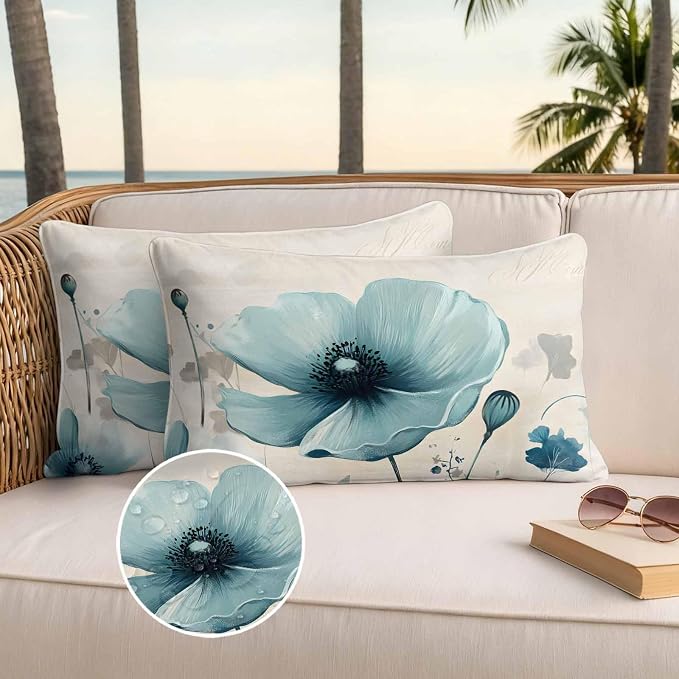 Blue Flowers Butterfly Outdoor Waterproof Throw Pillow Covers Set of 2, 20"x12", Watercolor Retro Leaf Pastoral Style Decorative Pillow Covers Outside Cushion Case for Patio Porch Garden