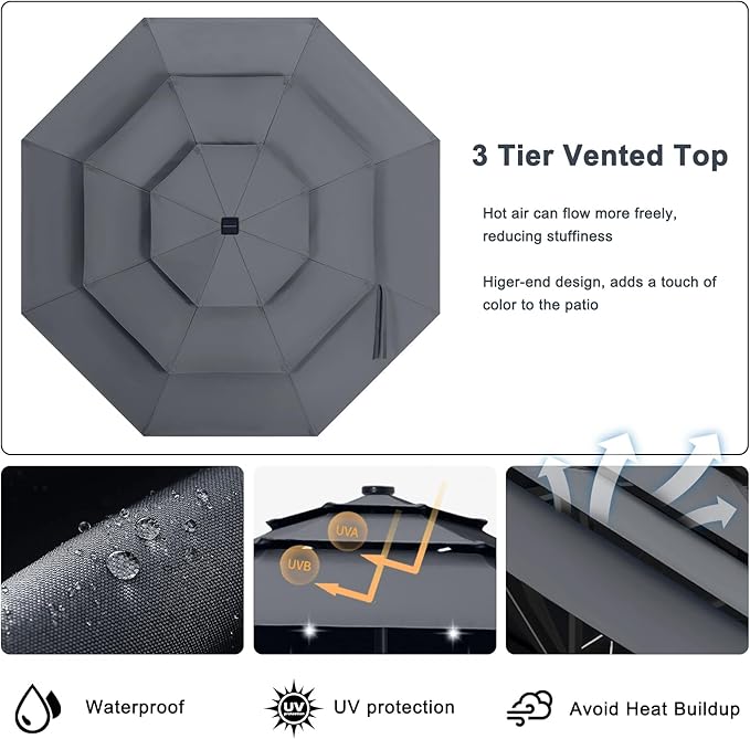 ABCCANOPY 3-Tiers 11FT Solar Patio Umbrella, Outdoor Umbrella with 32 LED Lights for for Deck, Pool, Garden, Backyard (Dark Gray)