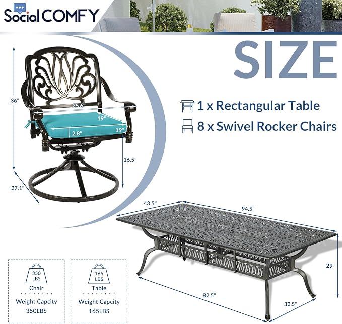 9-Piece Patio Cast Aluminum Dining Set, Outdoor Dining Furniture Set for 8 Person, Includes 94.5" Rectangular Dining Table and 8 Swivel Chairs with Umbrella Hole, Ocean Blue