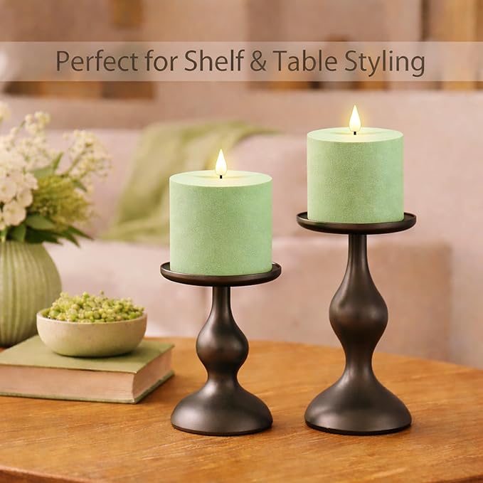 smtyle Sage Green 4x4 Inch LED Pillar Sculptural Textured Finish Frosted Plastic Realistic Flickering Flameless Battery Operated Fake Candles Set of 2 for Coffee Table, Yoga, Meditation, Spa