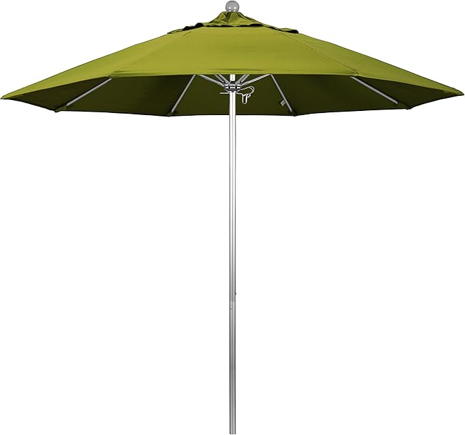 California Umbrella 9' Round Aluminum/Fiberglass Umbrella, Push Open, Silver Pole, Olefin Kiwi Fabric
