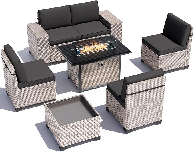7-Piece Outdoor Patio Furniture Set with Fire Pit, Modular Sectional Sofa Set with Glass Coffee Table and Cushions, Wicker Outdoor Couch Conversation Sets, Black