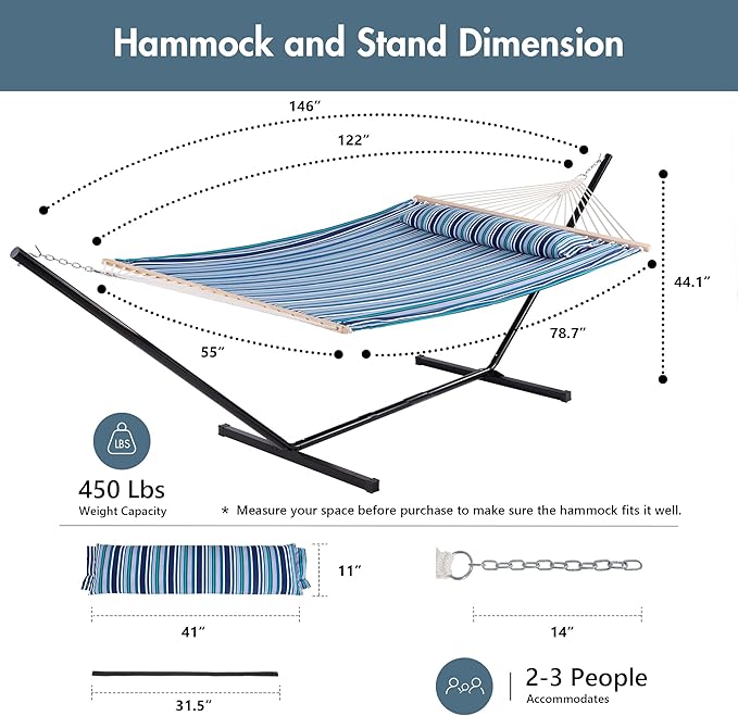 ANOW Double Hammock with Stand 12FT, Heavy Duty Hammock with Stand for Outdoors, 450 LBS Weight Capacity, Blue Stripes