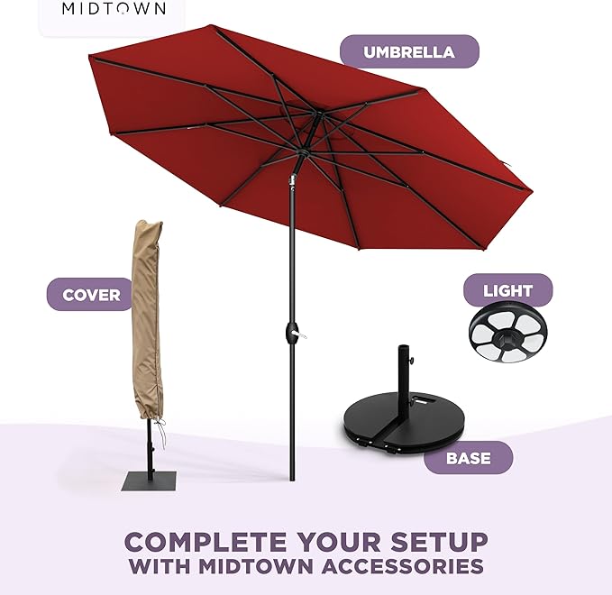 Midtown Umbrellas – The Lean 8 Ft Patio Umbrella with 10-Year-No-Fade Acrylast Acrylic Fabric, Auto-Tilt and 8 Reinforced Ribs for Deck, Pool, Garden, Hotel & Cafes – Regatta Red Canopy, Black Pole