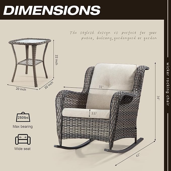 Outdoor Wicker Rocking Patio Chairs Set of 2 and Matching Side Table - All-Weather 3 Piece Wicker Patio Bistro Sets Patio Rocker Chairs Alloy Steel Frame & Premium Fabric Cushion, Beige