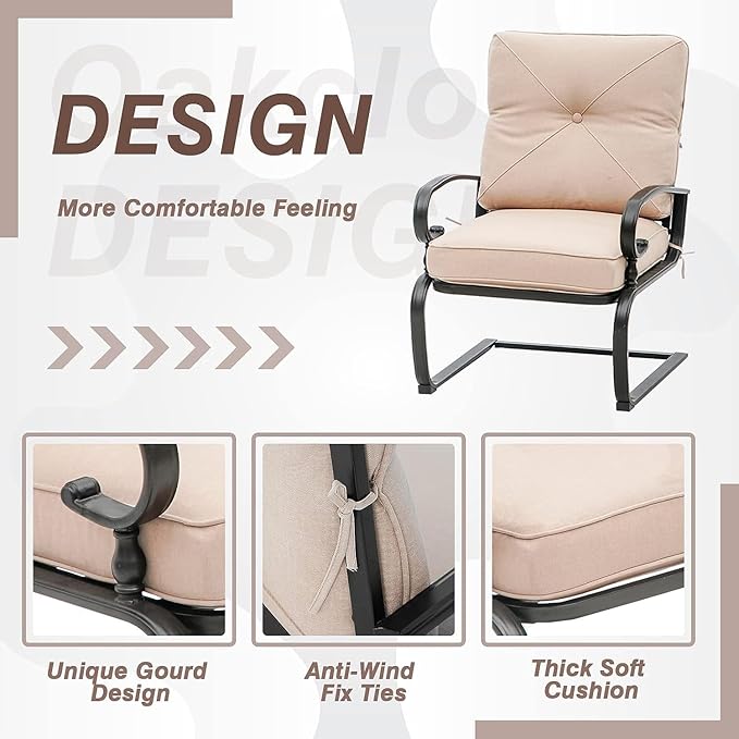 Oakcloud 4-Piece Outdoor Metal Furniture Sets Patio Conversation Set Wrought Iron Glider, 2 Spring Lounge Chairs and Round Side Table, Brown
