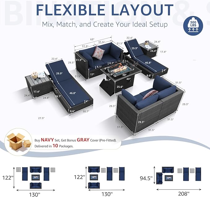 NICESOUL 9 Piece Patio Furniture Set with Firepit, Modern Outdoor Sectional Couch with Chaise Lounge, Comfy 29.3'' High-Back Backyard Seating, All-Weather Modular Sofa for Garden, Yard, Grey & Blue